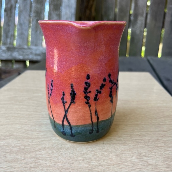 Handmade Hand Painted  Ceramic Pitcher Creamer Floral Sunset - Picture 2 of 13